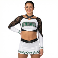 Uniforme de Animadoras Juveniles de Manga Larga, Dos Piezas, Cuello Cruzado, con Pedrería, de Spandex, para Competencia