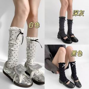 Women's Polka Dot Slouch <b>Socks</b> With Bow Gray Breathable Sweat Absorbing Youth Leg Covers For Spring Summer - Product Image 3