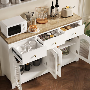 Buffet en bois <span class=keywords><strong>blanc</strong></span> sur mesure avec portes cannelées, 3 tiroirs, armoire de rangement moderne, meuble de salle à manger en mélamine - Product Image 2