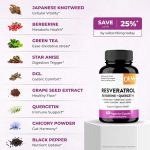 Capsules de resvératrol OEM avec berbérine, thé vert, anis étoilé, DGL, extrait de pépins de raisin, supplément de quercétine pour la santé intestinale - Product Image 3