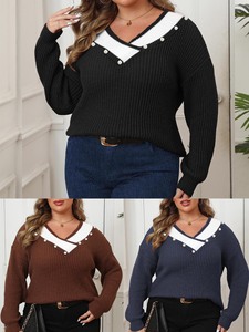 Maglione Oversize da <span class=keywords><strong>Donna</strong></span> con Perle Finte, Stile Europeo e Americano, Scollo a V Profondo, Cuciture a Contrasto - Product Image 1