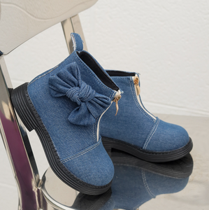 Botas de otoño para niñas, botines cortos de mezclilla con lazo y cremallera - Product Image 1