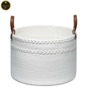 Rattan Baby Dual-Braided Decorative fashion foldable Woven Laundry Cotton Rope storage Basket with Leather Handles