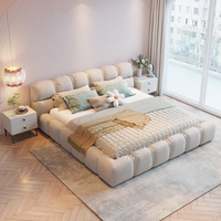 Lit Double Atunus Italien Nordique Minimaliste 1,8 m Beige Blanc pour Chambre à Coucher Principale, Mariage, Lit Jumeau Doux, Cadre de Lit en Bois Massif Taille King