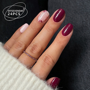 <span class=keywords><strong>Ongles</strong></span> artificiels français élégants, simples et vibrants, <span class=keywords><strong>couleur</strong></span> <span class=keywords><strong>bordeaux</strong></span>, en ABS, à presser, avec colle, pour doigts - Product Image 2