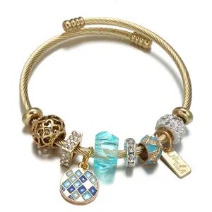 Pulseira banhada a ouro 18k yiwu, bracelete de aço inoxidável ajustável, modelo mosaico geométrico redondo, pulseira para casal