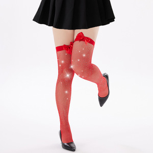 Calze a Rete Sexy con Cristalli e Strass, Calze Sopra il Ginocchio con Fiocco, Calze a Rete Scintillanti - Product Image 2