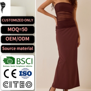 Abito lungo <span class=keywords><strong>da</strong></span> <span class=keywords><strong>sera</strong></span> <span class=keywords><strong>da</strong></span> donna elegante e sensuale, marrone scuro, in rete, con drappeggio, senza spalline, a tubino, con spacco posteriore e vita trasparente, aderente - Product Image 1