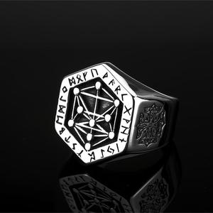 Men's Stainless Steel Hexagon <b>Ring</b> Viking Letters Geometric Design Hip Hop Style Gift Jewelry - Product Image 2