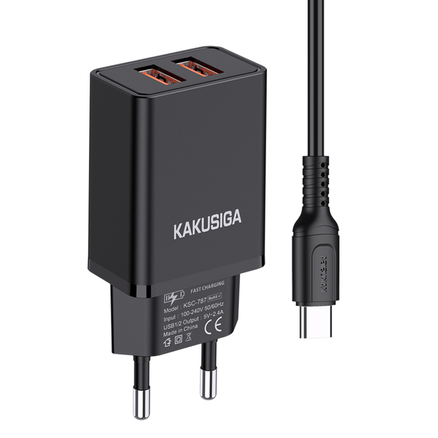 KAKUSIGA 2.4A TYPE-C Quick Charger with 1m Cable USB Flame-retardant Single Port Smart Adapter European Standard Charger