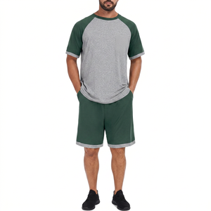 Conjunto de pijama de dos piezas para hombre, talla grande, informal, de verano, con bloques de color, 100% algodón tejido, camiseta de manga corta con bolsillo y pantalones cortos. - Product Image 1