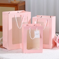 Sac cadeau en papier avec fenêtre transparente, sac fourre-tout personnalisé, poignée en ruban de soie imprimé, emballage de fleurs de mariage, vente en gros, carton blanc