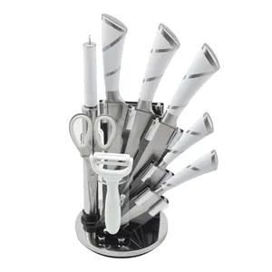 Bloc de couteaux en acrylique avec éplucheur, 9 pièces, manche blanc en acier inoxydable ajouré, meilleure vente