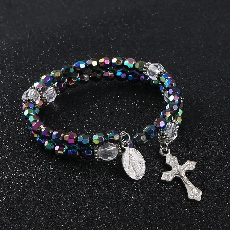 Komi pulseira de miçangas de acrílico, 6mm, pingente cruz, religioso, católico, rosário, pulseira, joia, presente R-181