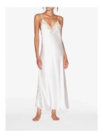 Chemise de nuit en satin 100% acétate, bretelles spaghetti, manches courtes, dentelle délicate, taille élastique sur le devant
