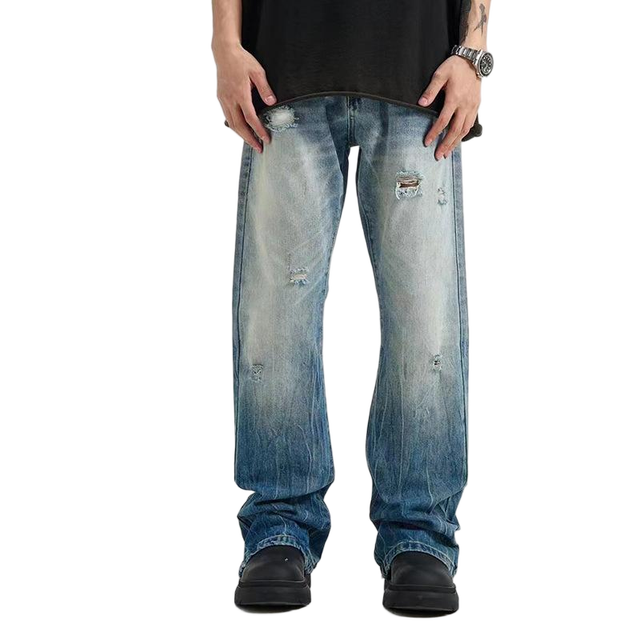 Men Ripped Jeans Light Wash Distressed Straight Leg Denim Pants Frayed Hem 90s Vintage Grunge Streetwear Trousers Custom OEM