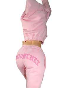 Two Piece <b>Zip</b> <b>up</b> <b>Cropped</b> Hoodies and Wide Leg Sweat Pants Set Women Tracksuit High Quality Distressed Embroidery Streetwear Set - Product Image 1