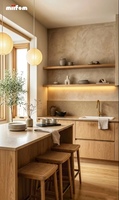 Cuisine en bois naturel style Wabi Sabi avec îlot cannelé, étagères ouvertes LED, comptoir en quartz, armoires de cuisine modernes sur mesure