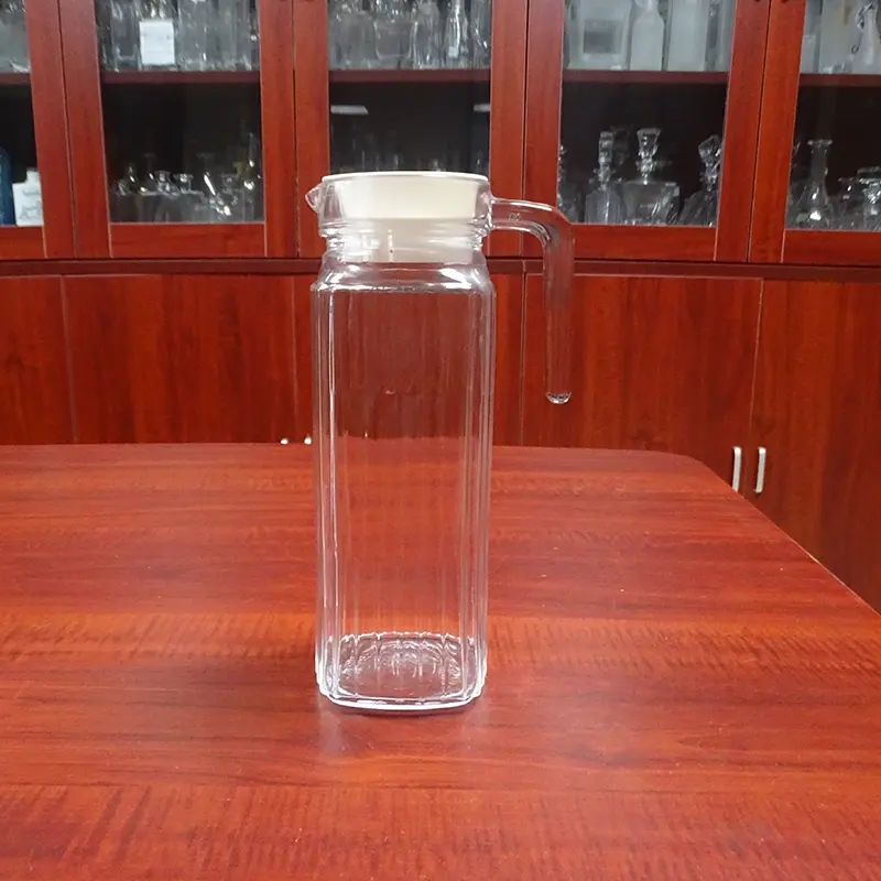 플라스틱 뚜껑이있는 사각 1000ML 도매 유리 컵과 주전자 세트