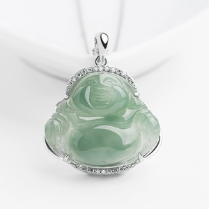 Pendentif Bouddha Gu Gong Maitreya en jade émeraude naturel, collier incrusté d'argent 925, pendentif en jade de qualité glace - Product Image 3