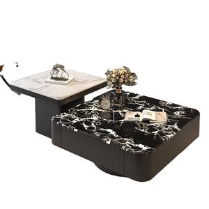 Ensemble table basse et meuble <span class=keywords><strong>TV</strong></span> noir et blanc contrastés - Surface en pierre frittée et armoire en bois (Design minimaliste créatif) - Product Image 3