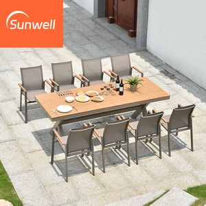 Ensemble <span class=keywords><strong>de</strong></span> <span class=keywords><strong>table</strong></span> et <span class=keywords><strong>de</strong></span> chaises en aluminium d'extérieur, meubles <span class=keywords><strong>de</strong></span> <span class=keywords><strong>jardin</strong></span>, restaurant, patio, tables et chaises <span class=keywords><strong>de</strong></span> salle à manger en métal avec plateau en bois <span class=keywords><strong>de</strong></span> teck - Product Image 3