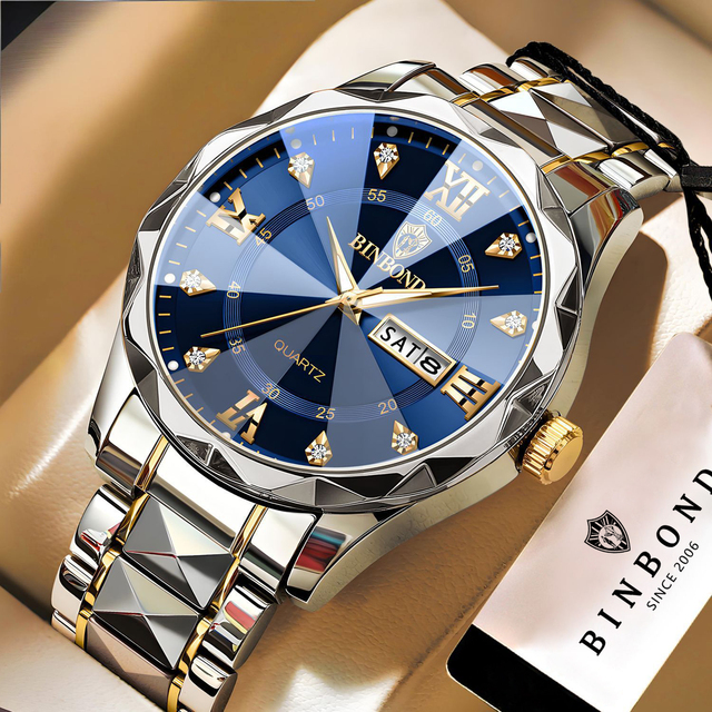 BINBOND Genuine Men's Business Watch Waterproof Luminous Dual Calendar Quartz Round Case Coated Glass Luxury Watch for Men