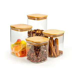 散装产品香料茶咖啡玻璃泥瓦罐罐装方形玻璃密封罐竹盖