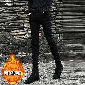 panelas pretas masculino Suppliers-Calça jeans masculina preta e grossa de veludo, bota coreana justa para homens com pés grossos, de lã 2021
