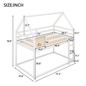 เตียงสองชั้นทรงบ้านไม้สีขาวพร้อมบันไดสำหรับใช้ในห้องนอนเด็ก - Product Image 5