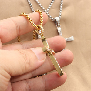 Stainless Steel Cross Pendant <b>Necklace</b> Men's Geometric Design Pave Setting Diamond Encrusted Fashion Jewelry - Product Image 3