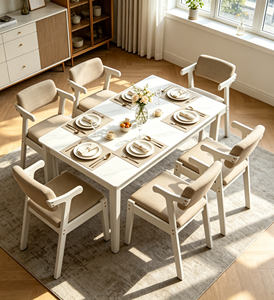 Chaise de bureau en bois massif blanc avec accoudoirs en corne, chaise de salle à manger décontractée à dossier court rembourré en lin beige pour la maison, le bureau ou la chambre d'étudiant - Product Image 6