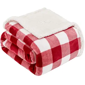 雪帕红白水牛格子抛物毯、模糊蓬松柔软舒适毯子、羊毛绒布超细纤维布兰