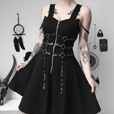 Goth vestido curto para mulheres, vestido de alça sem mangas com zíper, harajuku, sem mangas, costas nuas, corte em linha a, sexy, punk rock, 2022
