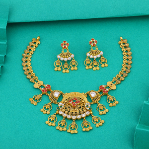 Traditional gold necklace set with intricate temple design red and white <b>stones</b> bridal jewelry elegant ethnic wear - Product Image 1