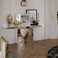 Meuble décoratif de luxe contemporain en laiton et acier inoxydable, table console avec finition miroir poli pour salon, hôtel