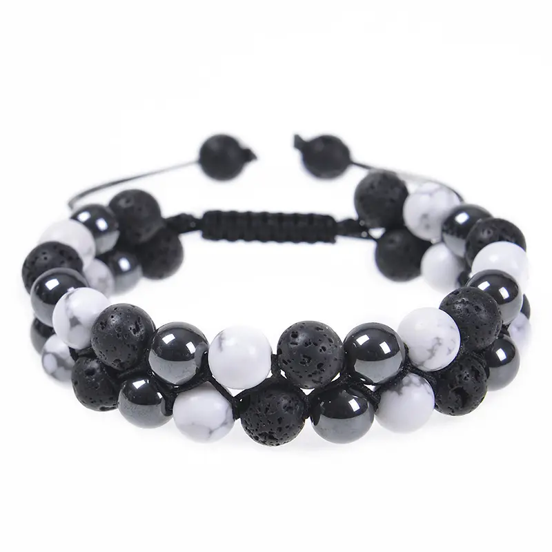 New Handmade 8mm Natural White Howlite Hemati Stone Woven Bracelets Double Layers Healing Crystal Essential Oil Diffuser Jewelry