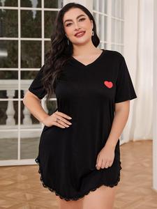 Elegante Camisón de Encaje con Dobladillo para Mujer, Tallas Grandes, Cuello en V, Manga Corta, Tela Suave TR, Pijama de Verano al por Mayor - Product Image 4