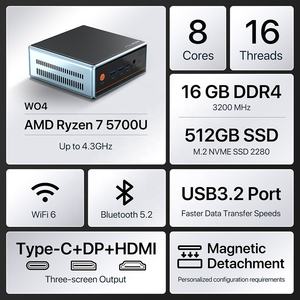 Originale nuova AMD Ryzen 7 5700U 6.0 Wifi BT5.2 Mini <span class=keywords><strong>PC</strong></span> <span class=keywords><strong>portatile</strong></span> R7 5700U DDR4 16GB 512GB SSD gioco Mini <span class=keywords><strong>PC</strong></span> per finestre 11 Pro - Product Image 2