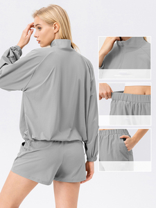 Top da donna a maniche lunghe con colletto in piedi sportivo e per il tempo libero con pantaloncini da corsa Set due pezzi per il Fitness - Product Image 3