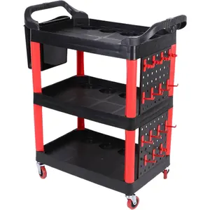 Multifunctional Car Wash Detailing Trolley Three-Shelf Auto Beauty Tool Cart With Pegboard And Hanging Buckets