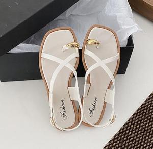 Sandalias planas de una sola correa para mujer, con punta cuadrada, punta abierta, banda cruzada, sin cordones, para verano, para exteriores. - Product Image 1
