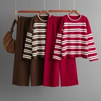 Ensemble tricoté d'hiver Blubelle pour femmes, pull à col rond rayé + pantalon large, ensemble deux pièces