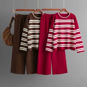 Зимний вязаный комплект Blubelle для женщин: свитер в полоску с круглым вырезом + брюки с широкими штанинами, комплект из двух предметов - Product Image 2