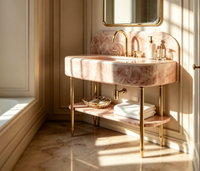Lavabo de salle de bain vintage avec pieds en métal, console de lavabo, vasque rectangulaire ovale en marbre naturel Calacatta Viola et base en laiton