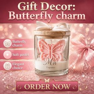 MW Pink Butterfly Handmade Art Scented <b>Candle</b> in Glass Jar with Wooden Lid and Ribbon Cute Home Decor - Product Image 4