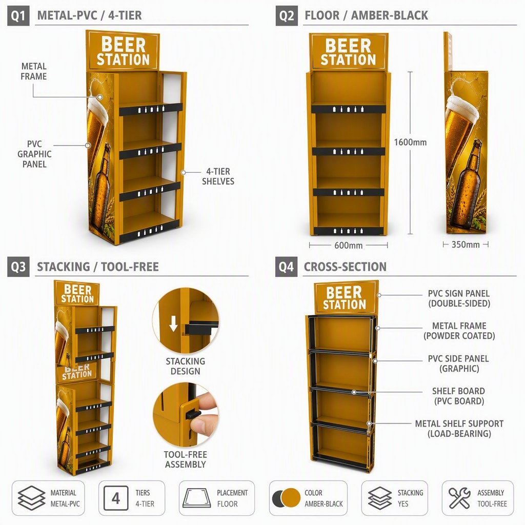 Apache Custom Beer Display Rack 64 Bottles 4-Tier Metal Craft Brew Merchandiser Knock Down Rotating Stand for Pub Bar OEM ODM — view 3