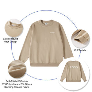 Unisex Plain Color Pullover Sweatshirts with Custom LOGO Cotton Blending Fleeced Round Neck <strong>Jumpers</strong> Loose Sweatshirts - Product Image 2