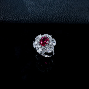 925 Sterling Silver Lab Created Ruby Oval Cut Floral Halo <b>Statement</b> <b>Ring</b> - Product Image 3
