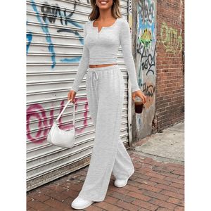 Ensemble de détente 2 pièces pour femme : haut court Henley à manches longues et pantalon large – Survêtement décontracté respirant toutes saisons - Product Image 3